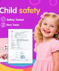 Child safety emphasis with smiling child, safety certificate, and All In One Glass Seed Beads Kit box on colorful background.