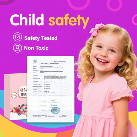 Child safety emphasis with smiling child, safety certificate, and All In One Glass Seed Beads Kit box on colorful background.