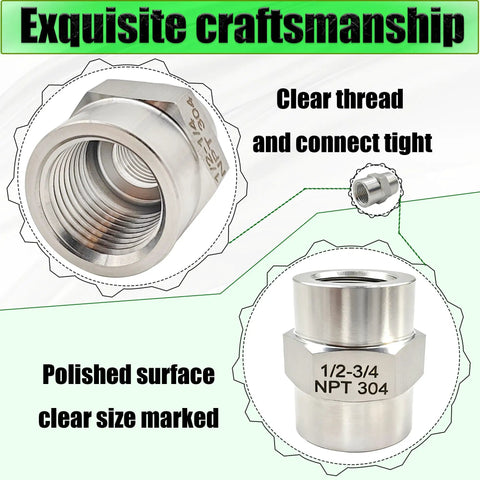 Beefy Heavy Duty 3/4 Inch NPT Female To 1/2 Inch NPT Female Reducer Pipe Fitting Coupler In 304 Stainless Steel For Air Water Gas Oil Systems Industrial Plumbing Adapter, polished reducer fitting