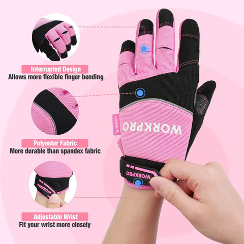 Pink Safety Work Gloves For Women And Men, Medium Size, Tough Polyester Back, Comfortable Ergonomic Fit, Built For DIY, Construction, Gardening, And Everyday Grippy Tasks, adjustable wrist close-up