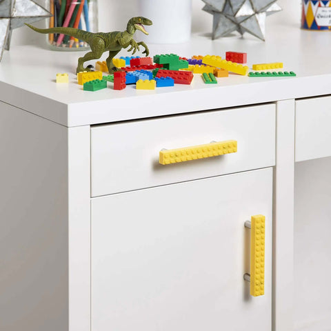 Dope Yellow Build On Brick Drawer Pulls Set Of Two Legit Compatible With Lego Designs Sick Cabinet Knobs for kitchen drawers with Lego blocks.