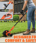 Using Lawn Edger With 9-Inch Cutting Width, Cordless Convenience, Three-Position Blade Depth, ergonomic handle on sidewalk.