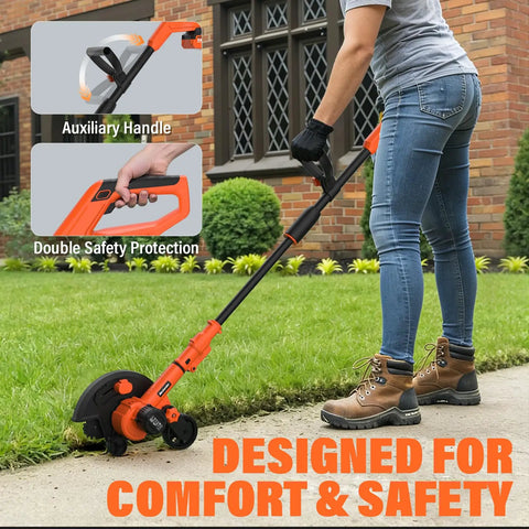 Using Lawn Edger With 9-Inch Cutting Width, Cordless Convenience, Three-Position Blade Depth, ergonomic handle on sidewalk.