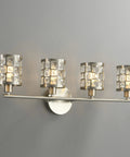 Four Light Brushed Nickel Vanity Light Over Mirror With Cylinder Crystal Shades, wall mounted for bathroom use