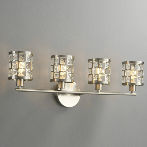 Four Light Brushed Nickel Vanity Light Over Mirror With Cylinder Crystal Shades, wall mounted for bathroom use