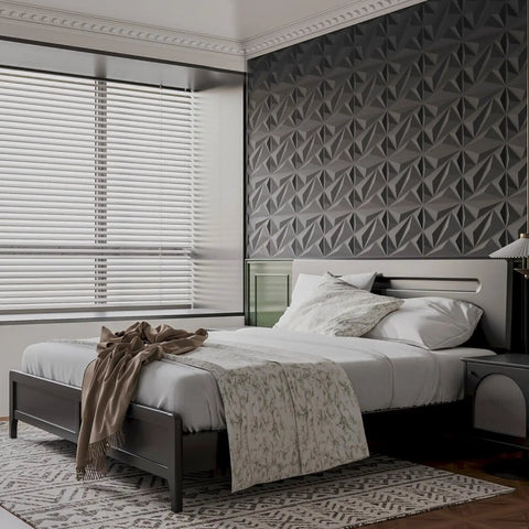 Bedroom with black 3D diamond wall panels from 33 Pack Dope 3D Diamond Wall Panels For Interior Decor With PVC Flower Texture Easy DIY Accent Wall Panels For Living Room Lobby Bedroom Hotel And Office Black 12x12 Inches Covering 32 Sq Ft.