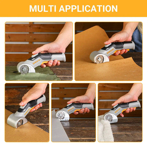 DEKOPRO 4v Cordless Electric Scissors With Safety Lock Cardboard Cutter for cutting fabric, cardboard, and plastic.