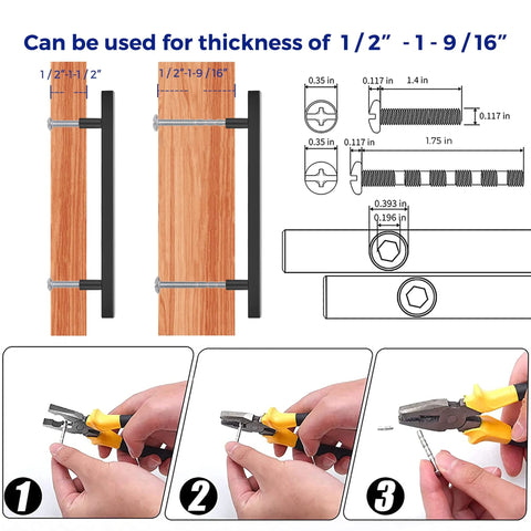 Installation guide for 10 Pack Matte Black Square Cabinet Pulls Stainless Steel with 1/2 to 1-9/16 inch thickness adjustment.