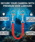 Diving Camera Lanyard With 360 Degree Retractable Rotation for Underwater Housings, Durable Stainless Steel Clips, Red Cord