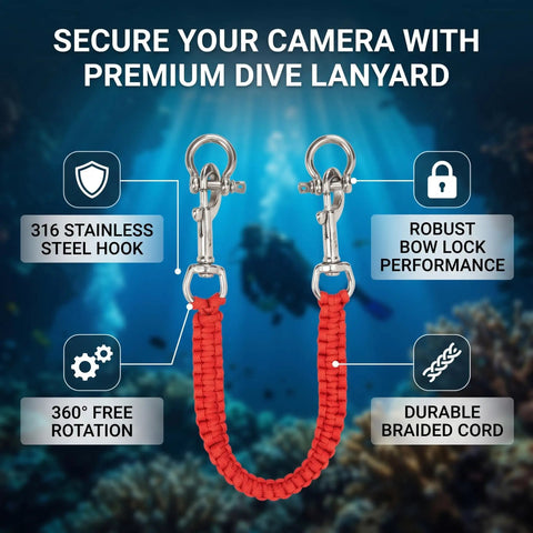 Diving Camera Lanyard With 360 Degree Retractable Rotation for Underwater Housings, Durable Stainless Steel Clips, Red Cord