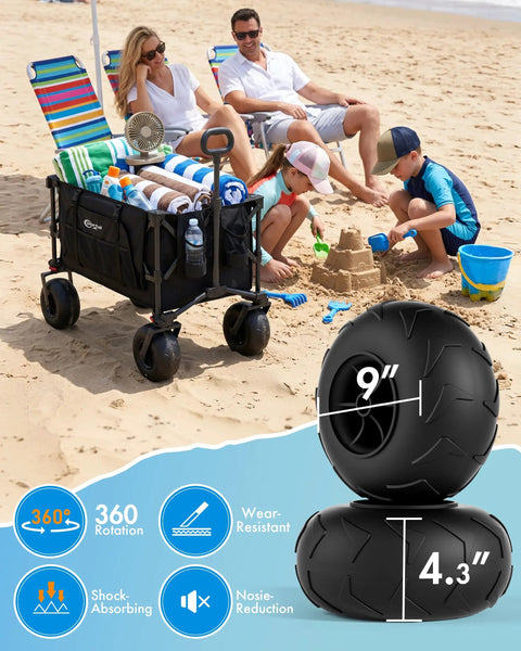 All-Terrain Beach Wagon with 9-Inch Inflatable Balloon Wheels, 330 Lb Capacity, on sandy beach with camping gear.