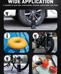 Image of Cordless Tire Inflator With Gauge On The Go Mini Air Compressor Dual Power 12V Built In Battery Portable Bike Pump demonstrating applications on car wheel, pool toy, motorcycle, bicycle, and basketball.