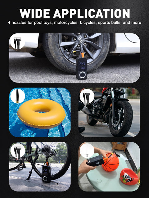 Image of Cordless Tire Inflator With Gauge On The Go Mini Air Compressor Dual Power 12V Built In Battery Portable Bike Pump demonstrating applications on car wheel, pool toy, motorcycle, bicycle, and basketball.