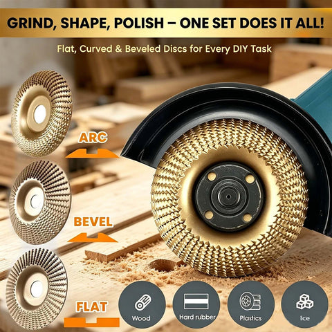 DIY Friendly Wood Carving And Sanding Kit With Tungsten Carbide Discs For Angle Grinder Polishing Pads showing flat beveled contour discs