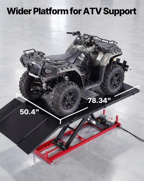 VEVOR Motorcycle Lift Table, 1500 Lb Electric Hydraulic Scissor Jack With Wheel Chock, adjustable height ATV on wide platform.