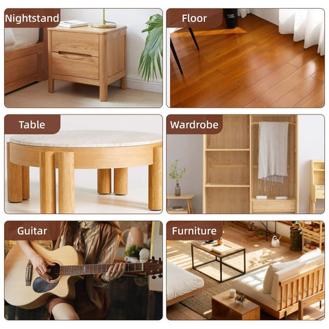 Various wood items including nightstand, floor, table, wardrobe, furniture, and a person playing guitar, showcasing wood textures.