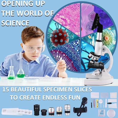 Young boy using Kids Microscope With 40X To 2500X Magnification, HD 4 Inch Display, and various scientific slides.