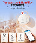 Hella Smart Smoke Detector With Matter Thread Protocol Integrated Temp And Humidity Gauge showing temperature and humidity data next to a sleeping baby.