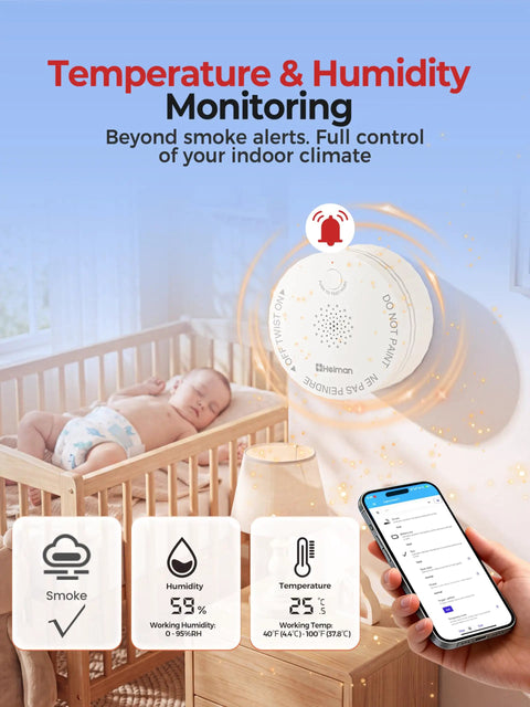 Hella Smart Smoke Detector With Matter Thread Protocol Integrated Temp And Humidity Gauge showing temperature and humidity data next to a sleeping baby.