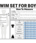 Size chart and measurement guide for Two Piece Toy Story Boys Rash Guard And Swim Trunks Set With Woody And Buzz Lightyear Graphics