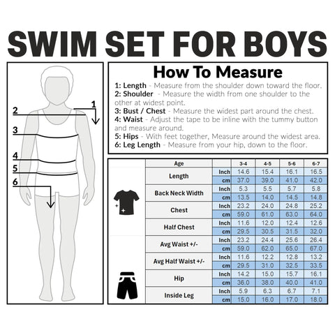 Size chart and measurement guide for Two Piece Toy Story Boys Rash Guard And Swim Trunks Set With Woody And Buzz Lightyear Graphics