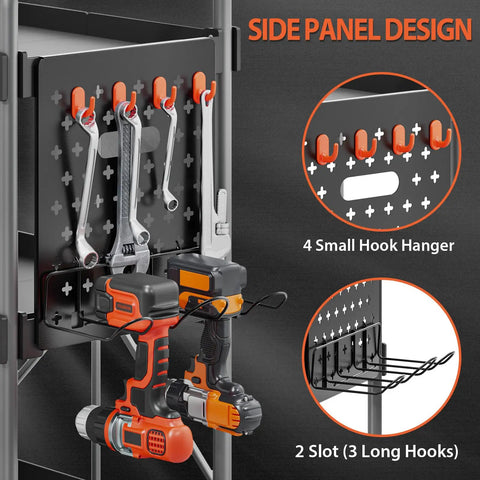 Foldable 3 Tier Rolling Tool Cart On Wheels With 330 Lb Capacity, Heavy Duty Tool Chest Organizer, Shelf And Cabinet For Garage, Shop, Warehouse, Portable Black side panel with hooks and tool holders