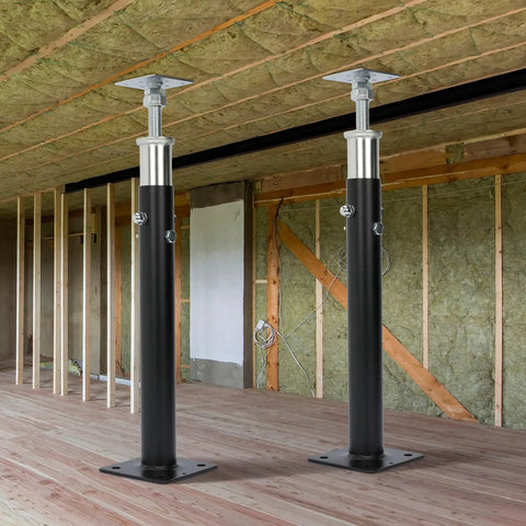2 Piece Adjustable Steel House Jack Post For Foundation Leveling 19 To 36 Inch Extension in black, supporting basement structure.