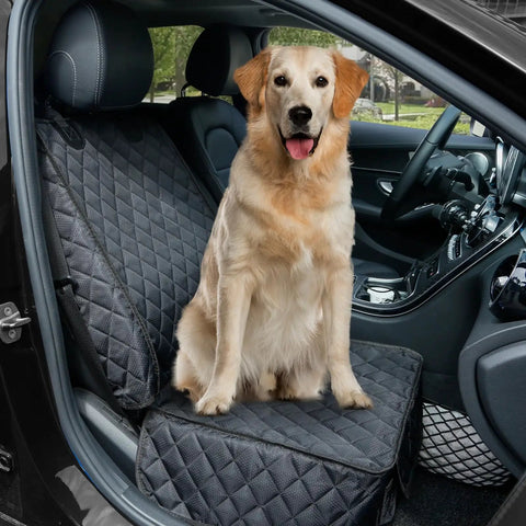 Dog sitting on Waterproof Front Seat Car Cover With Side Flaps For Dogs Nonslip Scratchproof Seat Protector For Cars Trucks