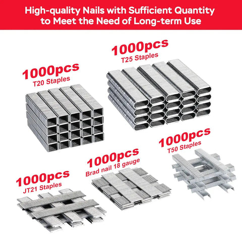 5000 pcs of high-quality staples and nails for the 6 in 1 Heavy Duty Staple Gun and Brad Nailer Kit Pro Grade Power Adjustable Drive