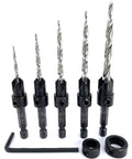 Adjustable Wood Countersink Drill Bit Set For Precise Woodworking, 5 Piece with tapered bits, hex shank, depth collars, and wrench.