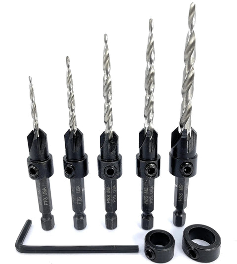 Adjustable Wood Countersink Drill Bit Set For Precise Woodworking, 5 Piece with tapered bits, hex shank, depth collars, and wrench.
