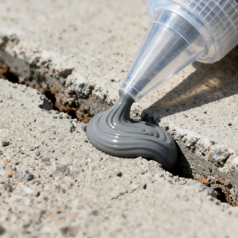Tough As Nails Concrete Crack Sealant And Fast Cure Waterproof Patch Filler For Driveways And Garages With All Season Grey Caulk being applied to a crack.