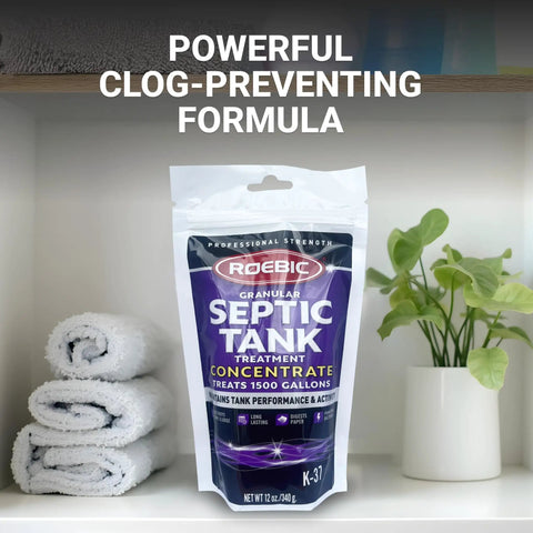 K-37-BAG Granular Septic Tank Treatment Concentrate 12 oz package on bathroom shelf with towels and plant