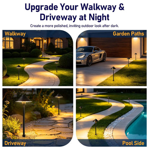 14 Light Low Voltage Landscape Lighting System With 12 Path Lights Kit And 2 Spotlights illuminating pathways at night
