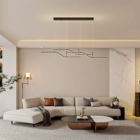 Dope Three Color Dimmable LED Pendant Light With Remote 45W Modern Chandelier With Geometric Shapes in living room setting.