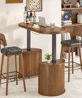 Bar setup with stools and mid-century modern decor in a wooden-finished home office setting, featuring plants and bottles.