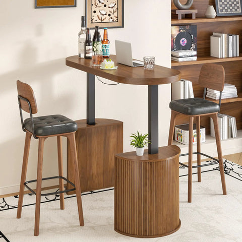Bar setup with stools and mid-century modern decor in a wooden-finished home office setting, featuring plants and bottles.