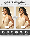 Before and after comparison of a portable handheld stitch gun for quick hemming and emergency garment repairs.