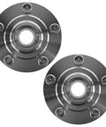 Front Wheel Hub Assembly Set For 2008-2017 Mitsubishi Lancer DE ES GTS Sportback And 2007-2019 Mitsubishi Outlander PHEV Driver Left And Passenger Right Sides 2 Piece Kit Beefy Build OE Quality Replacement Pro Grade Smooth Spin Easy Install showing top view of two metal wheel hubs