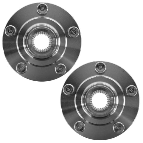 Front Wheel Hub Assembly Set For 2008-2017 Mitsubishi Lancer DE ES GTS Sportback And 2007-2019 Mitsubishi Outlander PHEV Driver Left And Passenger Right Sides 2 Piece Kit Beefy Build OE Quality Replacement Pro Grade Smooth Spin Easy Install showing top view of two metal wheel hubs