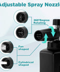 Adjustable spray nozzle on pressure washer foam gun with dual connector, showing fan and cylindrical shapes, foam cannon visible.