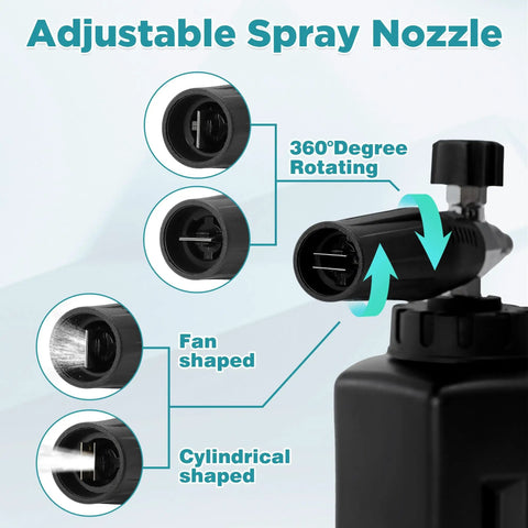 Adjustable spray nozzle on pressure washer foam gun with dual connector, showing fan and cylindrical shapes, foam cannon visible.