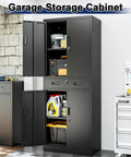 Heavy Duty Metal Garage Storage Cabinet With Locking Doors And Two Adjustable Shelves, Tall Black Lockable Tool File Cabinet For Garage, Shop, Office And Warehouse, 71 Inch High showing open doors and drawer