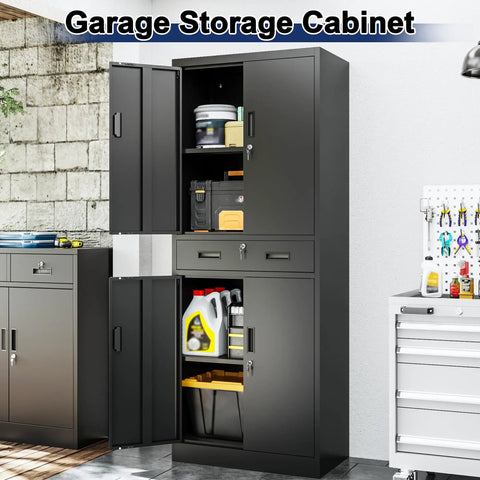 Heavy Duty Metal Garage Storage Cabinet With Locking Doors And Two Adjustable Shelves, Tall Black Lockable Tool File Cabinet For Garage, Shop, Office And Warehouse, 71 Inch High showing open doors and drawer