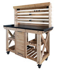 48 Inch Cedar Wood Buffet Hutch Serving Station With Galvanized Steel Countertop, Wine Rack And Glass Rack, Trash Bin