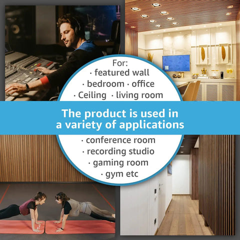 Images of Premium Fluted Acoustic Wood Slat Wall Panels 2 Pack In Clean Walnut Tone measuring 47.2 by 23.6 inches used in various rooms.