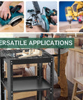 Heavy Duty Workhorse Rolling Planer Stand With Rock Solid 550 Lb Capacity Height Adjustable Workbench Table in use with power tools.
