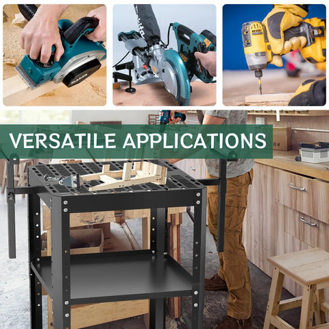 Heavy Duty Workhorse Rolling Planer Stand With Rock Solid 550 Lb Capacity Height Adjustable Workbench Table in use with power tools.