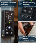 Professional Grade Rechargeable Dual Laser Distance Meter 393 Ft Range Rapid Fire Targeting Measuring Tool With No Sweat Metric To Imperial Toggle, displayed with buttons and magnetic attraction function.