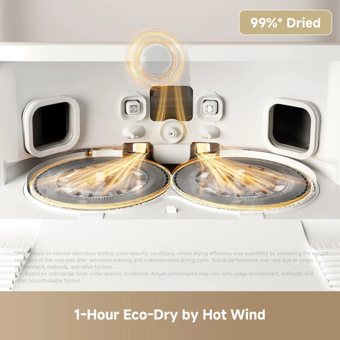 Powerhouse Gen 2 All In One Robot Vacuum And Mop With 26000Pa Suction For Pet Hair And Deep Clean Hot Water Mop Washing At 212F One Hour Hot Air Drying Extendable Mop All In One Dock showing hot air drying feature